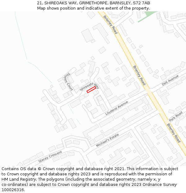 21, SHIREOAKS WAY, GRIMETHORPE, BARNSLEY, S72 7AB: Location map and indicative extent of plot