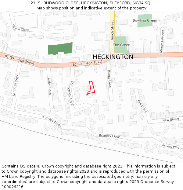 21, SHRUBWOOD CLOSE, HECKINGTON, SLEAFORD, NG34 9QH: Location map and indicative extent of plot