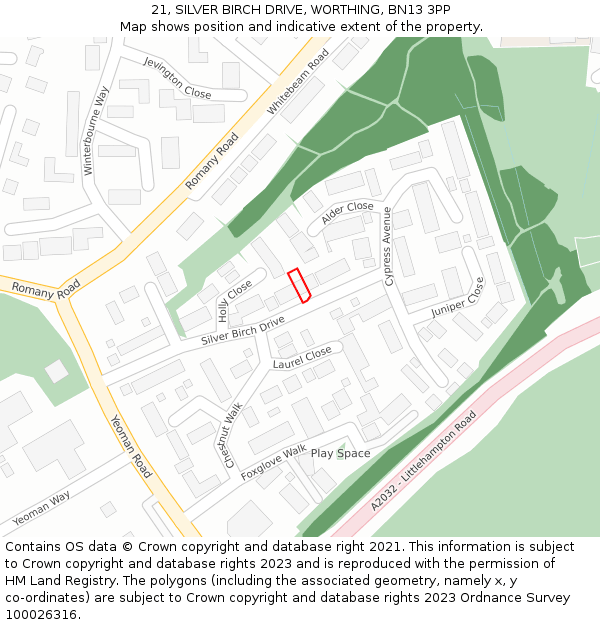 21, SILVER BIRCH DRIVE, WORTHING, BN13 3PP: Location map and indicative extent of plot