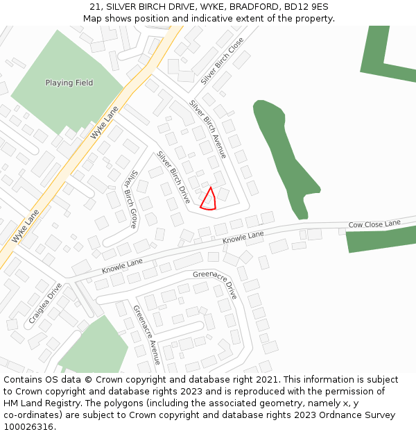 21, SILVER BIRCH DRIVE, WYKE, BRADFORD, BD12 9ES: Location map and indicative extent of plot