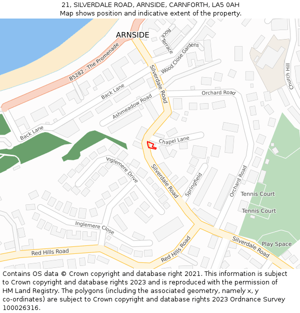 21, SILVERDALE ROAD, ARNSIDE, CARNFORTH, LA5 0AH: Location map and indicative extent of plot