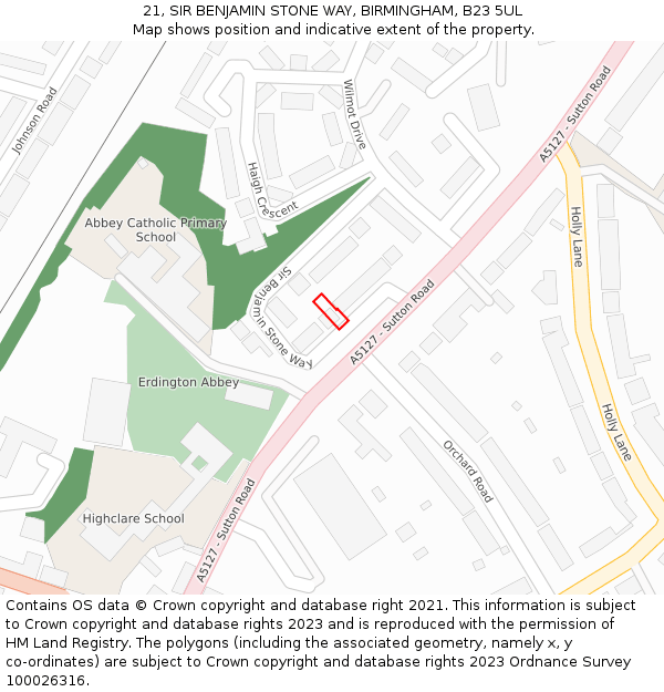 21, SIR BENJAMIN STONE WAY, BIRMINGHAM, B23 5UL: Location map and indicative extent of plot