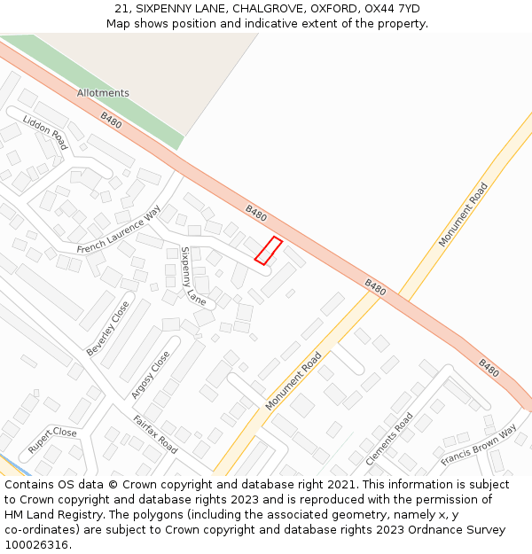 21, SIXPENNY LANE, CHALGROVE, OXFORD, OX44 7YD: Location map and indicative extent of plot