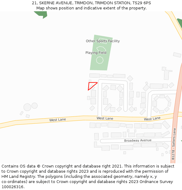 21, SKERNE AVENUE, TRIMDON, TRIMDON STATION, TS29 6PS: Location map and indicative extent of plot