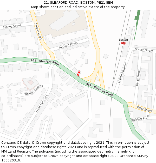 21, SLEAFORD ROAD, BOSTON, PE21 8EH: Location map and indicative extent of plot