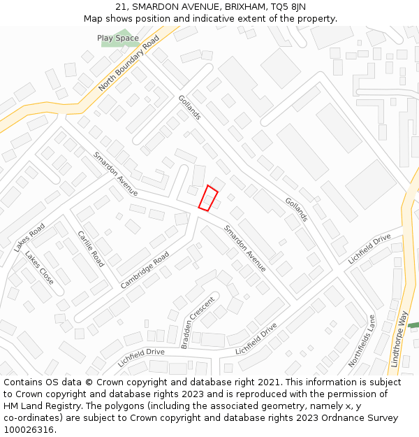 21, SMARDON AVENUE, BRIXHAM, TQ5 8JN: Location map and indicative extent of plot