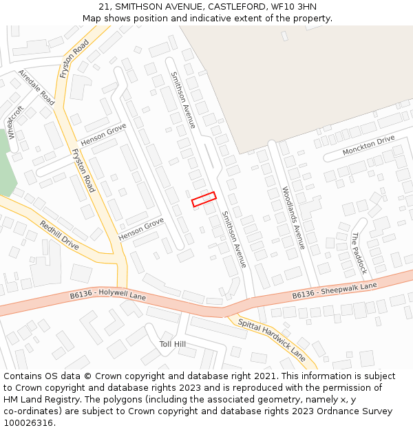 21, SMITHSON AVENUE, CASTLEFORD, WF10 3HN: Location map and indicative extent of plot