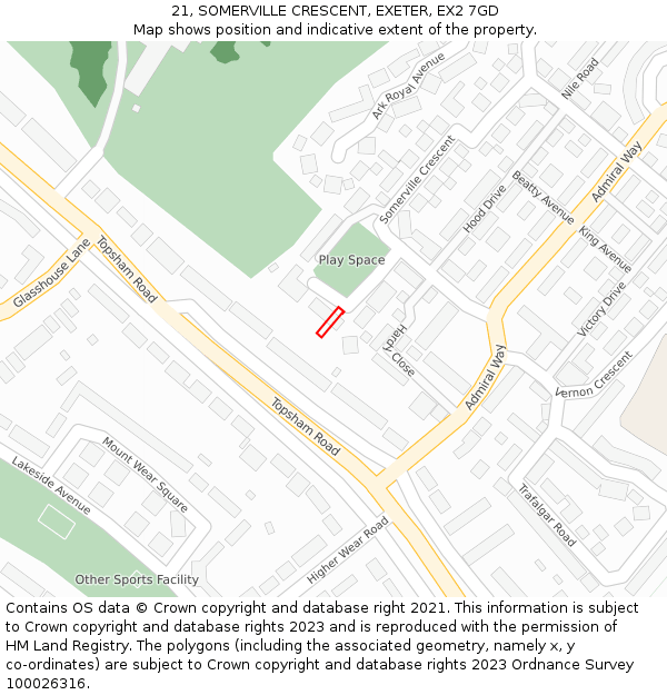 21, SOMERVILLE CRESCENT, EXETER, EX2 7GD: Location map and indicative extent of plot