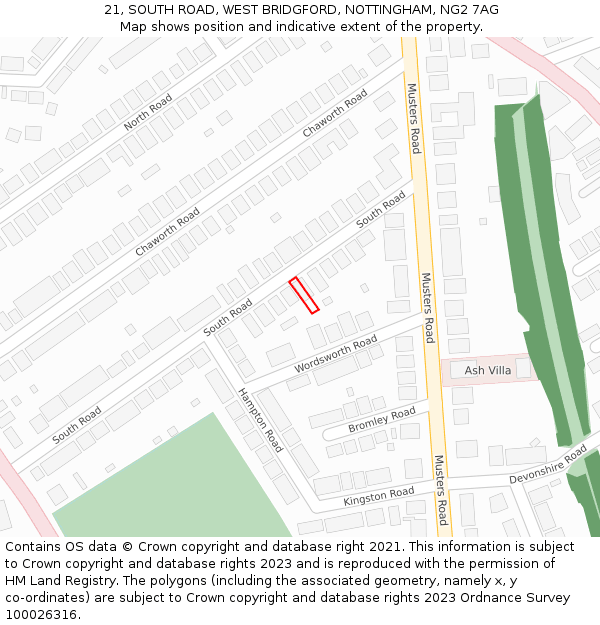 21, SOUTH ROAD, WEST BRIDGFORD, NOTTINGHAM, NG2 7AG: Location map and indicative extent of plot