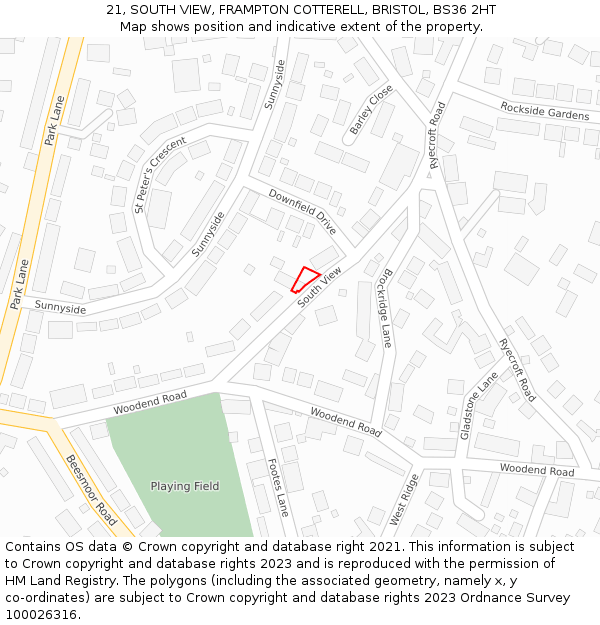 21, SOUTH VIEW, FRAMPTON COTTERELL, BRISTOL, BS36 2HT: Location map and indicative extent of plot