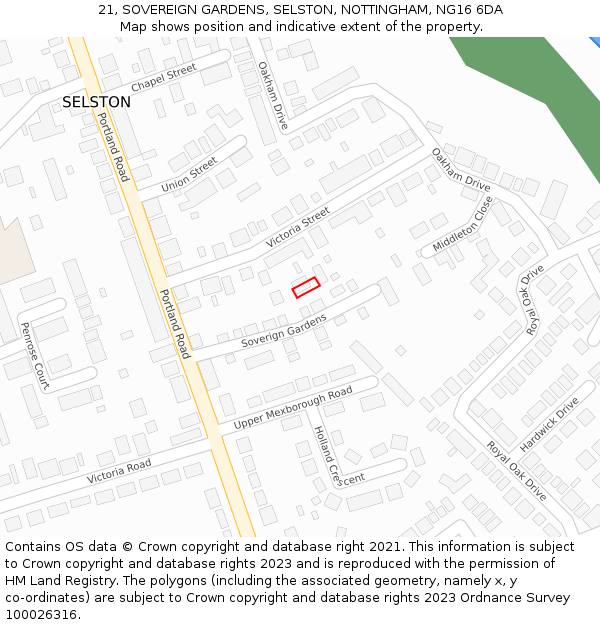 21, SOVEREIGN GARDENS, SELSTON, NOTTINGHAM, NG16 6DA: Location map and indicative extent of plot