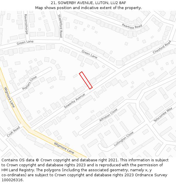 21, SOWERBY AVENUE, LUTON, LU2 8AF: Location map and indicative extent of plot