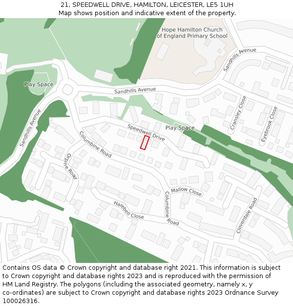 21, SPEEDWELL DRIVE, HAMILTON, LEICESTER, LE5 1UH: Location map and indicative extent of plot