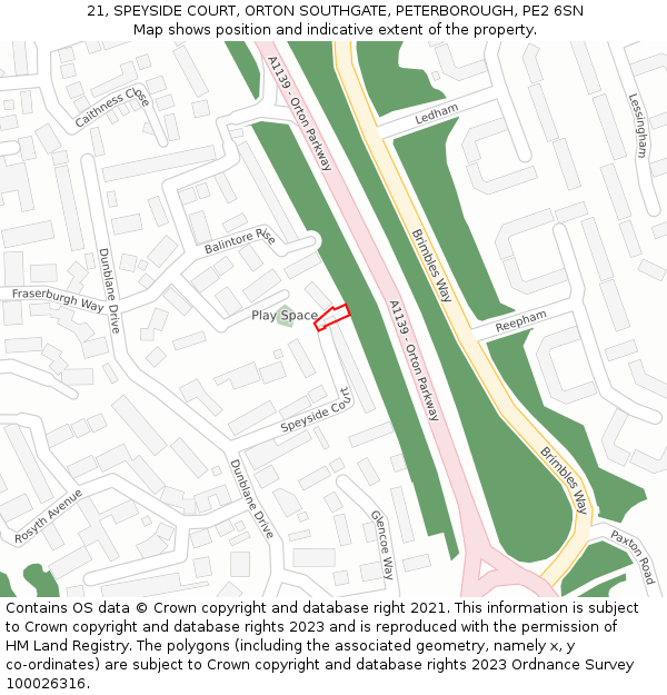 21, SPEYSIDE COURT, ORTON SOUTHGATE, PETERBOROUGH, PE2 6SN: Location map and indicative extent of plot