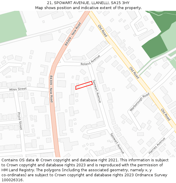 21, SPOWART AVENUE, LLANELLI, SA15 3HY: Location map and indicative extent of plot