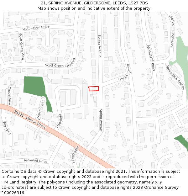 21, SPRING AVENUE, GILDERSOME, LEEDS, LS27 7BS: Location map and indicative extent of plot