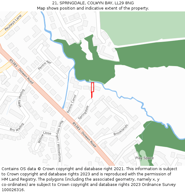 21, SPRINGDALE, COLWYN BAY, LL29 8NG: Location map and indicative extent of plot