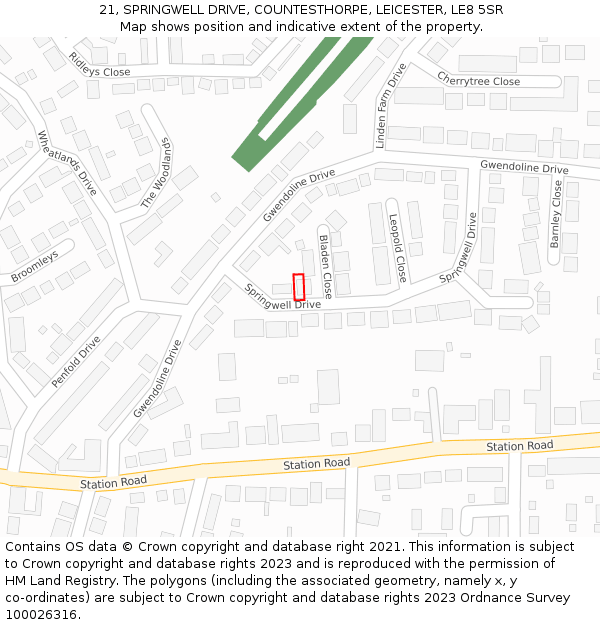 21, SPRINGWELL DRIVE, COUNTESTHORPE, LEICESTER, LE8 5SR: Location map and indicative extent of plot