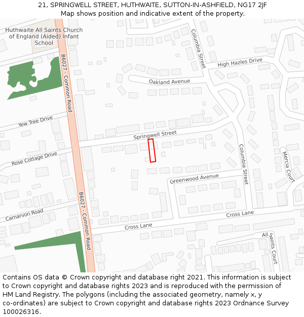 21, SPRINGWELL STREET, HUTHWAITE, SUTTON-IN-ASHFIELD, NG17 2JF: Location map and indicative extent of plot