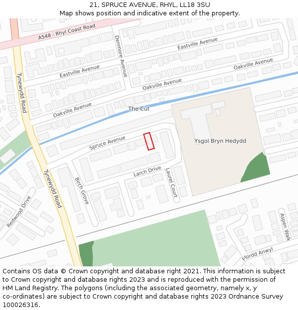 21, SPRUCE AVENUE, RHYL, LL18 3SU: Location map and indicative extent of plot