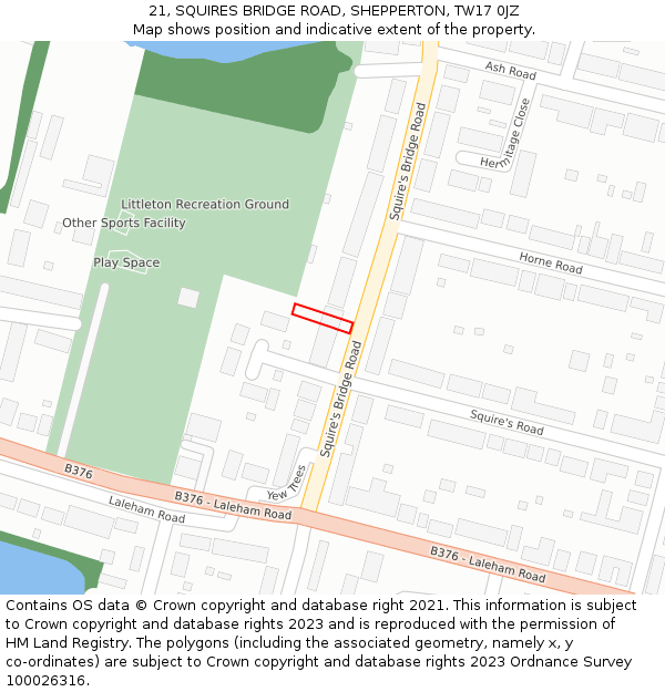 21, SQUIRES BRIDGE ROAD, SHEPPERTON, TW17 0JZ: Location map and indicative extent of plot