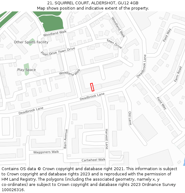 21, SQUIRREL COURT, ALDERSHOT, GU12 4GB: Location map and indicative extent of plot