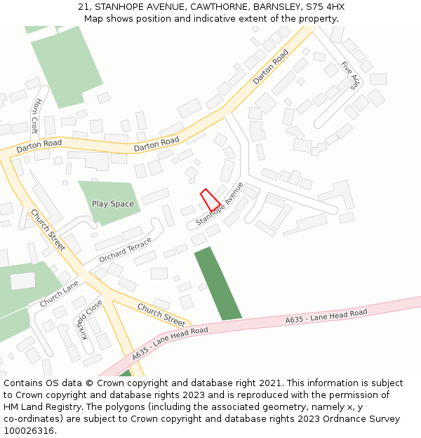 21, STANHOPE AVENUE, CAWTHORNE, BARNSLEY, S75 4HX: Location map and indicative extent of plot