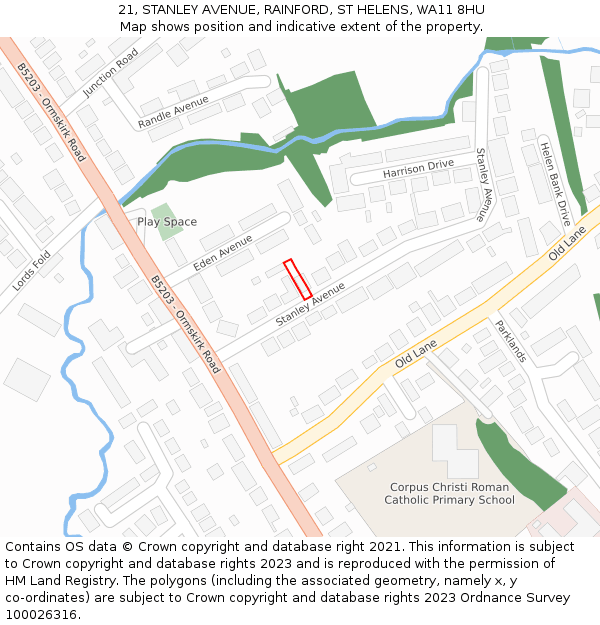 21, STANLEY AVENUE, RAINFORD, ST HELENS, WA11 8HU: Location map and indicative extent of plot