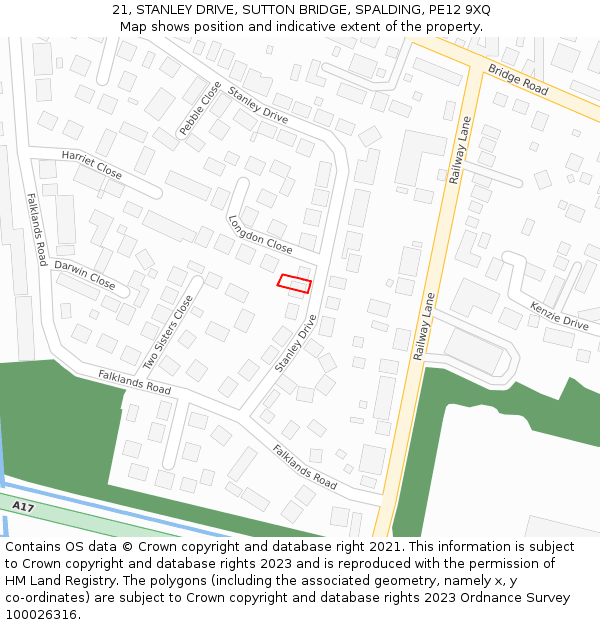 21, STANLEY DRIVE, SUTTON BRIDGE, SPALDING, PE12 9XQ: Location map and indicative extent of plot