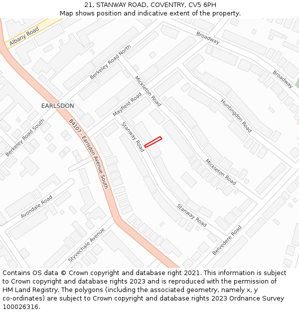 21, STANWAY ROAD, COVENTRY, CV5 6PH: Location map and indicative extent of plot