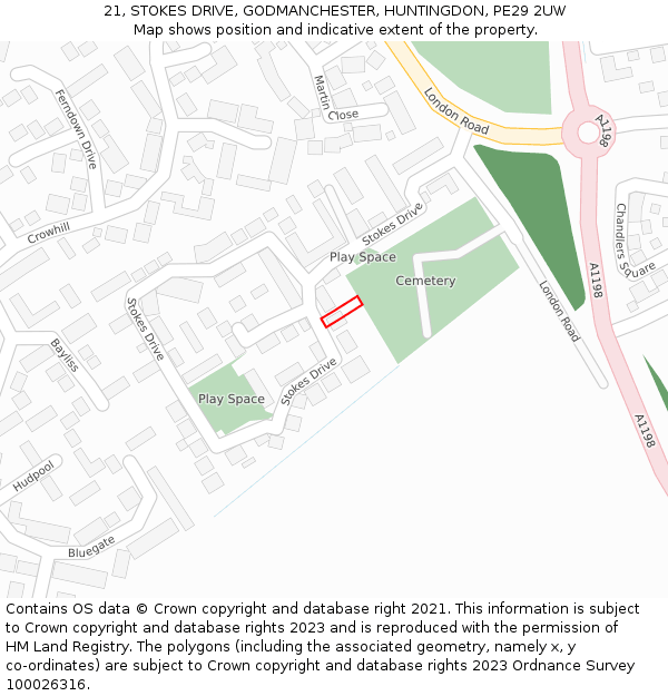 21, STOKES DRIVE, GODMANCHESTER, HUNTINGDON, PE29 2UW: Location map and indicative extent of plot