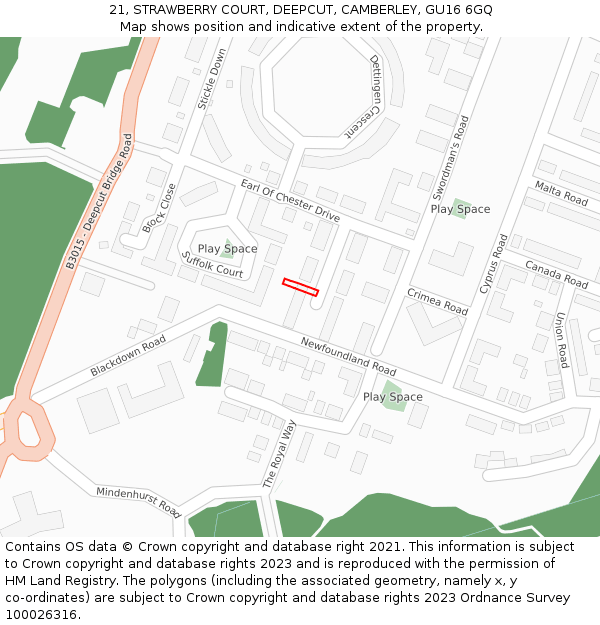 21, STRAWBERRY COURT, DEEPCUT, CAMBERLEY, GU16 6GQ: Location map and indicative extent of plot