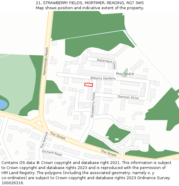 21, STRAWBERRY FIELDS, MORTIMER, READING, RG7 3WS: Location map and indicative extent of plot