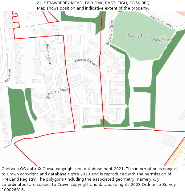 21, STRAWBERRY MEAD, FAIR OAK, EASTLEIGH, SO50 8RQ: Location map and indicative extent of plot