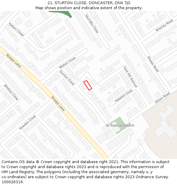 21, STURTON CLOSE, DONCASTER, DN4 7JG: Location map and indicative extent of plot