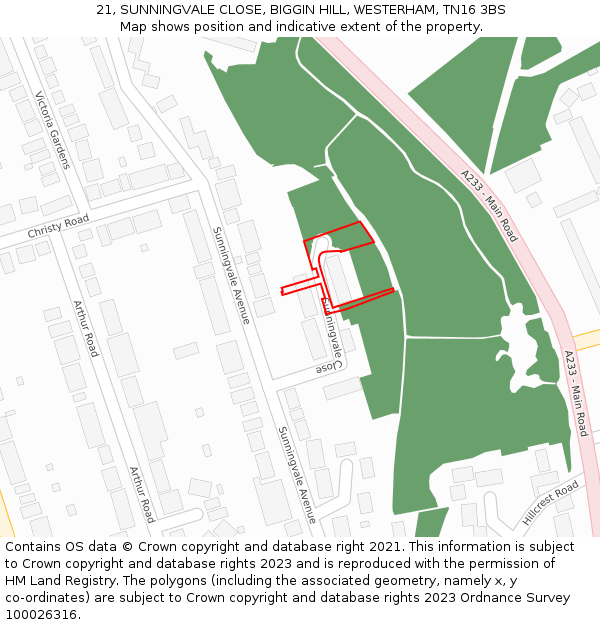 21, SUNNINGVALE CLOSE, BIGGIN HILL, WESTERHAM, TN16 3BS: Location map and indicative extent of plot