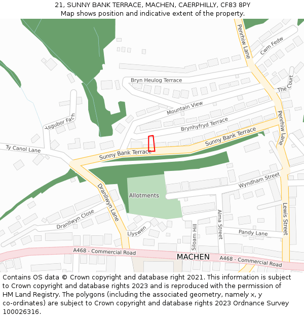 21, SUNNY BANK TERRACE, MACHEN, CAERPHILLY, CF83 8PY: Location map and indicative extent of plot