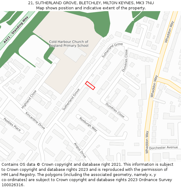 21, SUTHERLAND GROVE, BLETCHLEY, MILTON KEYNES, MK3 7NU: Location map and indicative extent of plot