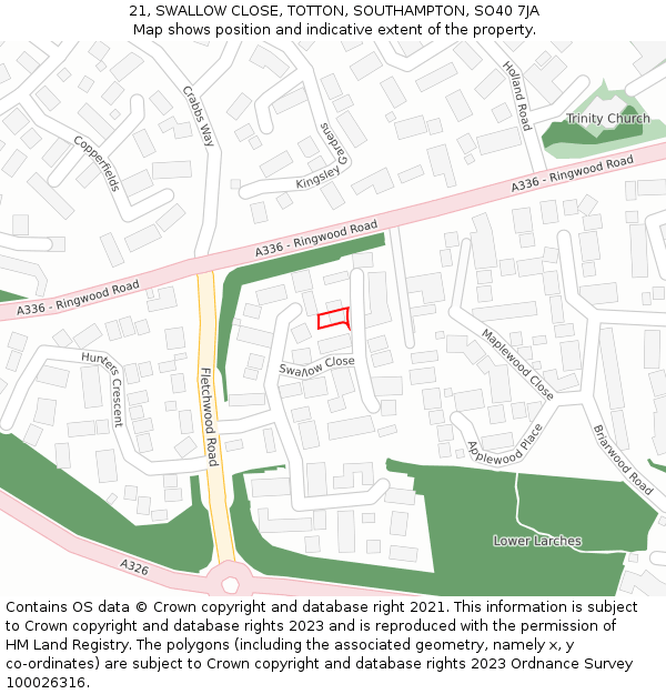 21, SWALLOW CLOSE, TOTTON, SOUTHAMPTON, SO40 7JA: Location map and indicative extent of plot