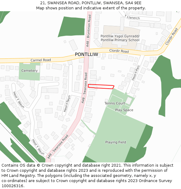 21, SWANSEA ROAD, PONTLLIW, SWANSEA, SA4 9EE: Location map and indicative extent of plot