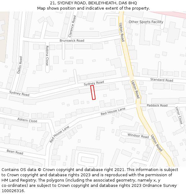 21, SYDNEY ROAD, BEXLEYHEATH, DA6 8HQ: Location map and indicative extent of plot