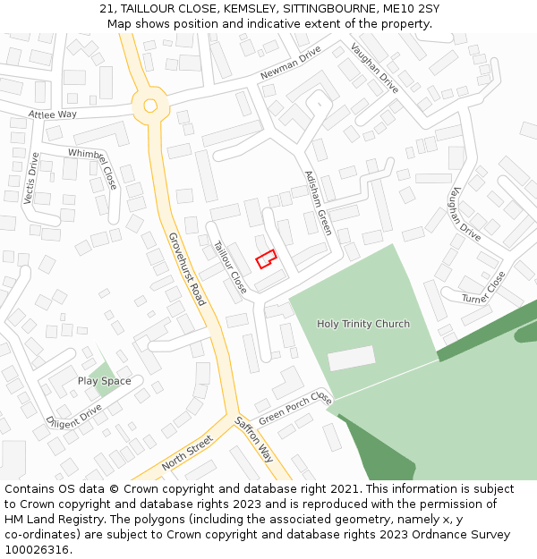 21, TAILLOUR CLOSE, KEMSLEY, SITTINGBOURNE, ME10 2SY: Location map and indicative extent of plot