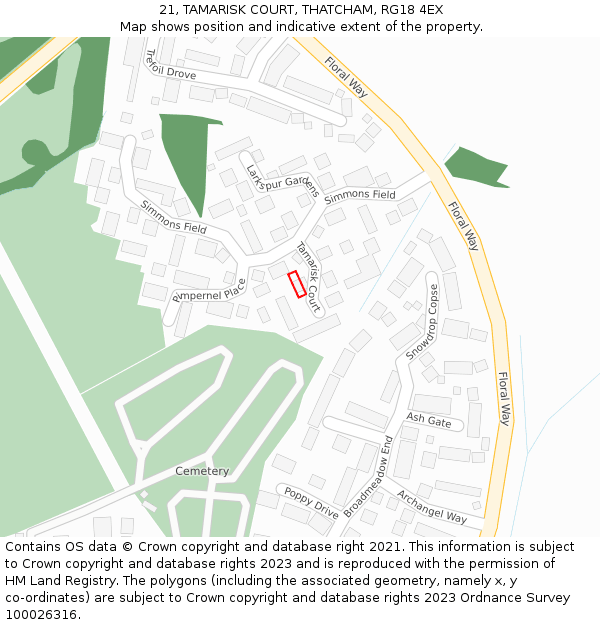 21, TAMARISK COURT, THATCHAM, RG18 4EX: Location map and indicative extent of plot