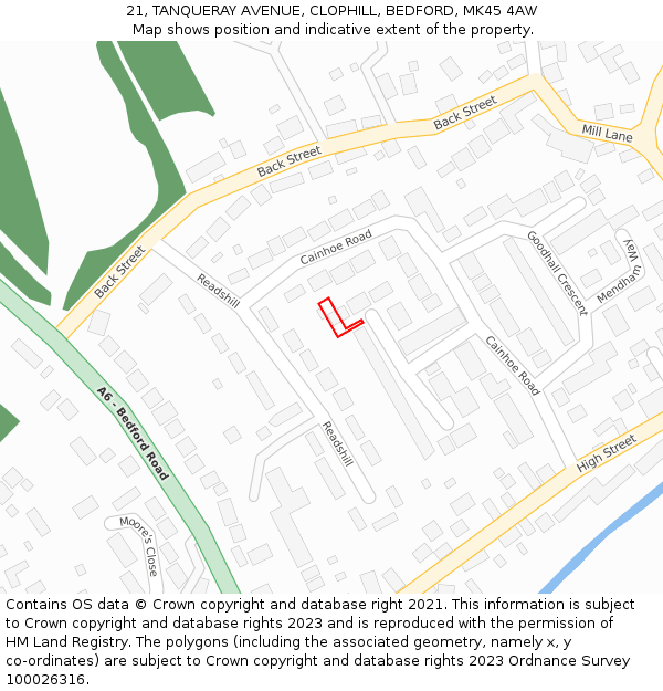 21, TANQUERAY AVENUE, CLOPHILL, BEDFORD, MK45 4AW: Location map and indicative extent of plot
