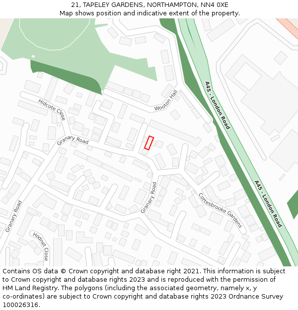 21, TAPELEY GARDENS, NORTHAMPTON, NN4 0XE: Location map and indicative extent of plot