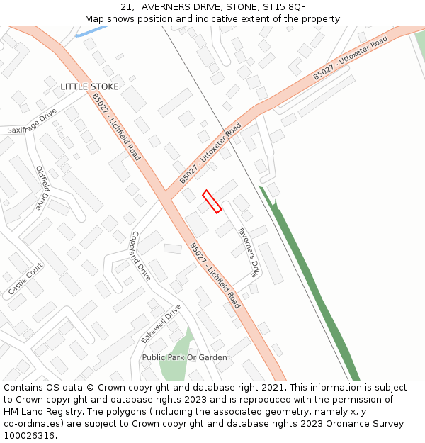21, TAVERNERS DRIVE, STONE, ST15 8QF: Location map and indicative extent of plot
