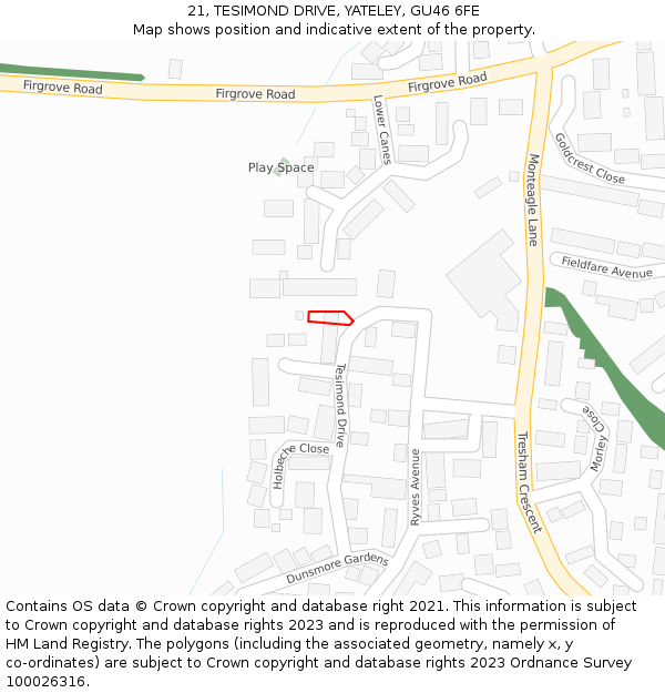 21, TESIMOND DRIVE, YATELEY, GU46 6FE: Location map and indicative extent of plot