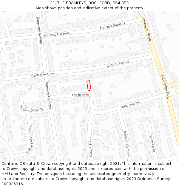 21, THE BRAMLEYS, ROCHFORD, SS4 3BD: Location map and indicative extent of plot