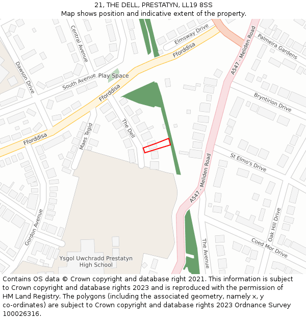 21, THE DELL, PRESTATYN, LL19 8SS: Location map and indicative extent of plot