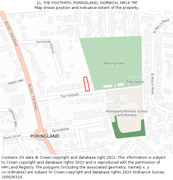 21, THE FOOTPATH, PORINGLAND, NORWICH, NR14 7RF: Location map and indicative extent of plot